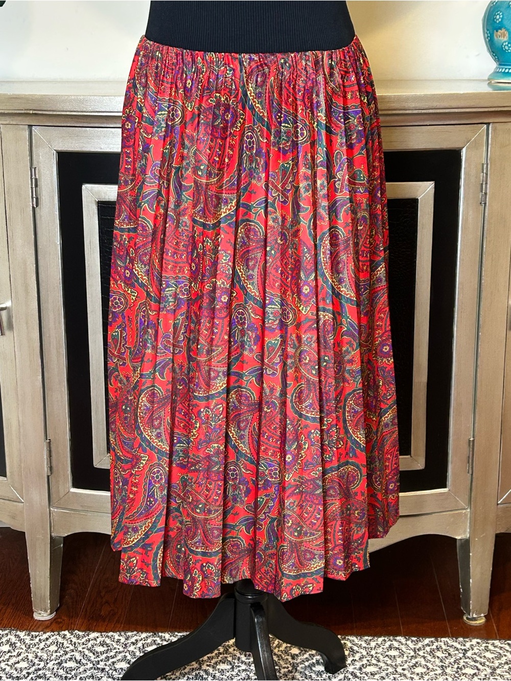 Red Paisley Maxi Skirt with Elastic Waist
